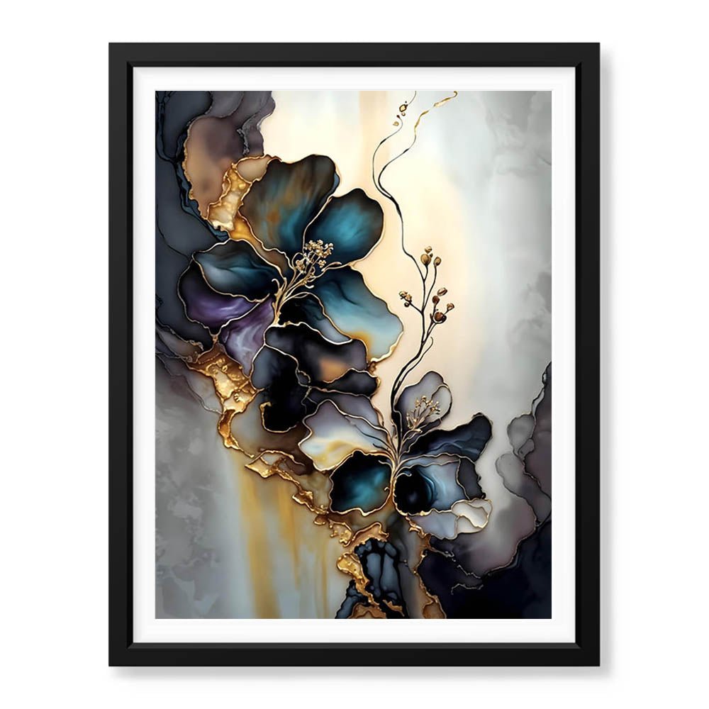 Blue & Green Abstract Floral Art Over Grey Background