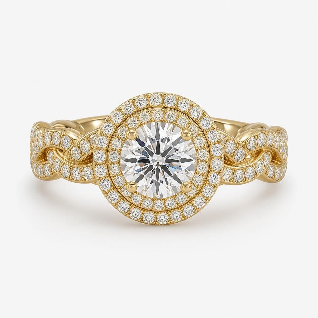 Braided Shank, Double Halo, Round Solitaire Ring