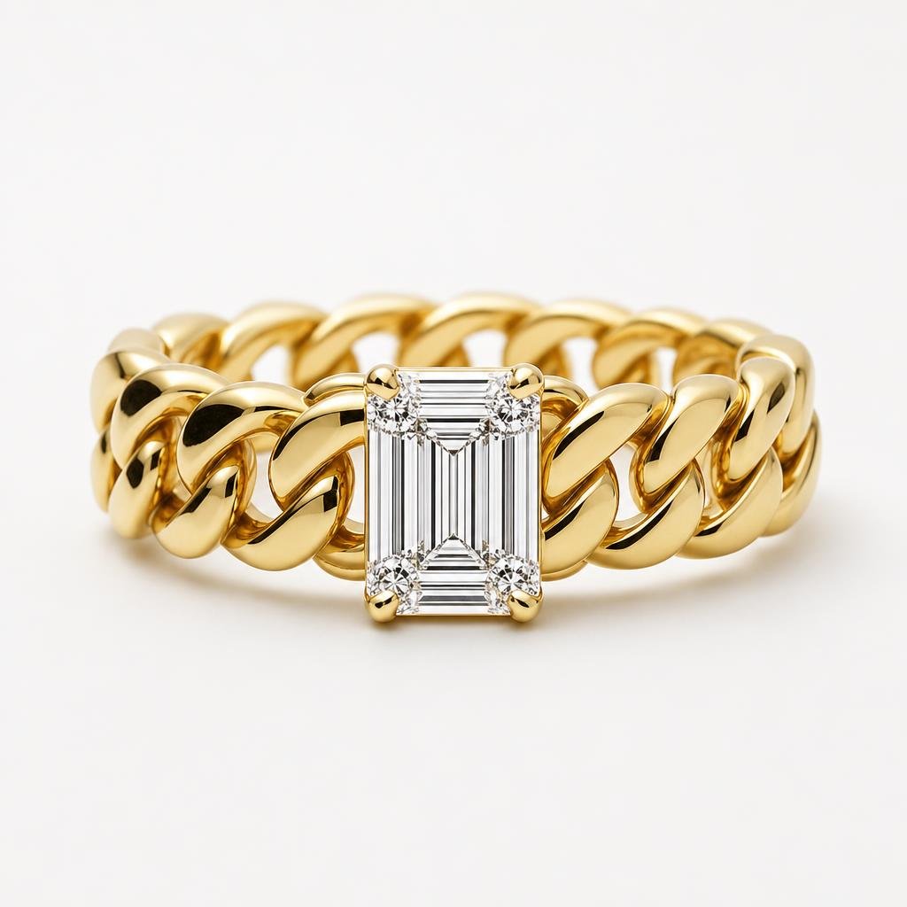 Composite Baguette Solitaire Cuban Chain Ring