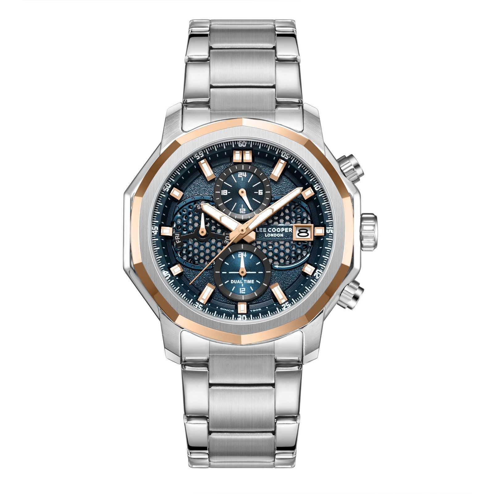 Lee Cooper GENTS 3H Fn Silver Case Silver/Gold Metal Band Silver Dial