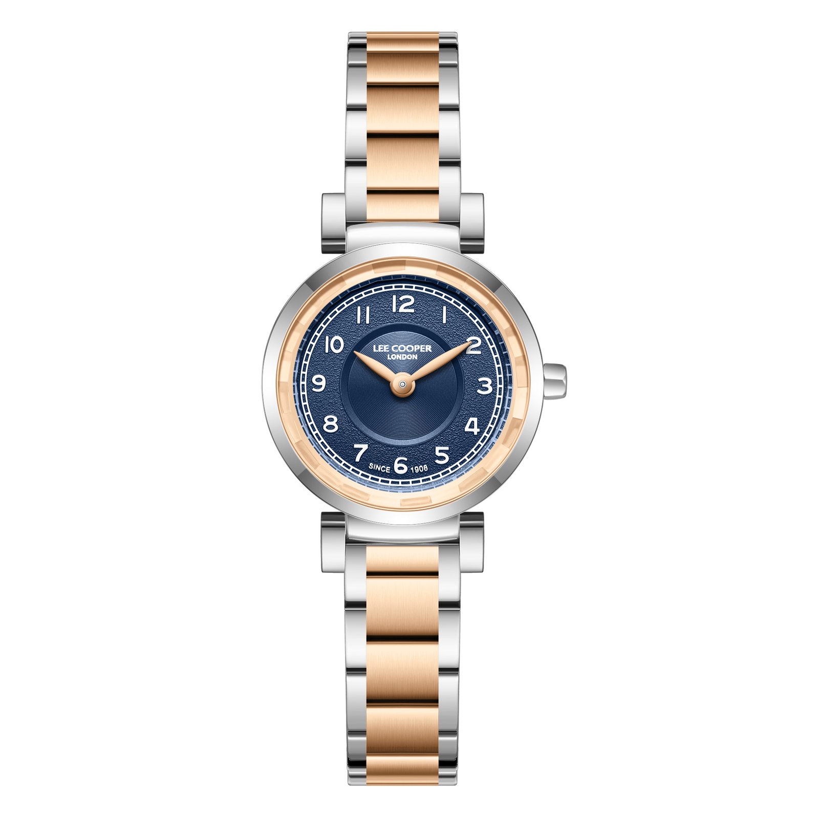 Lee Cooper Ladies 2H Fn Silver/Rose Gold Case Silver/Rose Gold Metal Band Dark Blue Dial