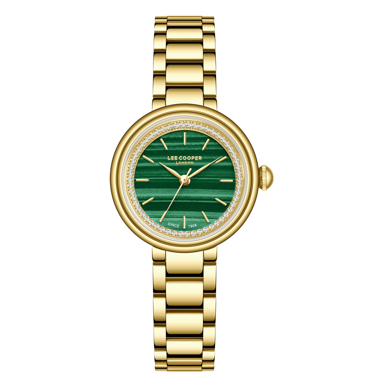 Lee Cooper Ladies 3H Fn Gold Case Gold Metal Band Dark Green MALAKYT Dial-LC08279.170