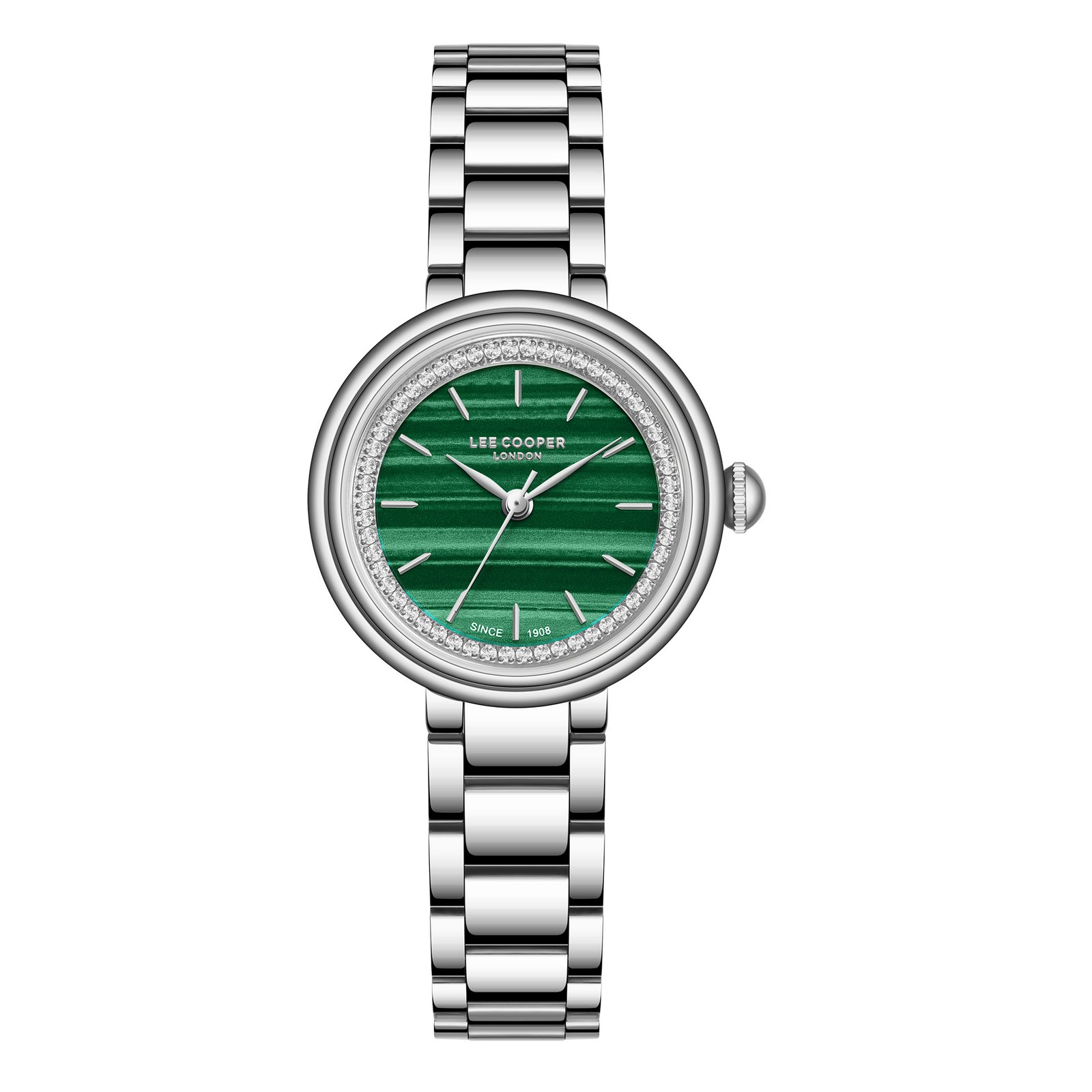 Lee Cooper Ladies 3H Fn Silver Case Silver Metal Band Dark Green MALAKYT Dial