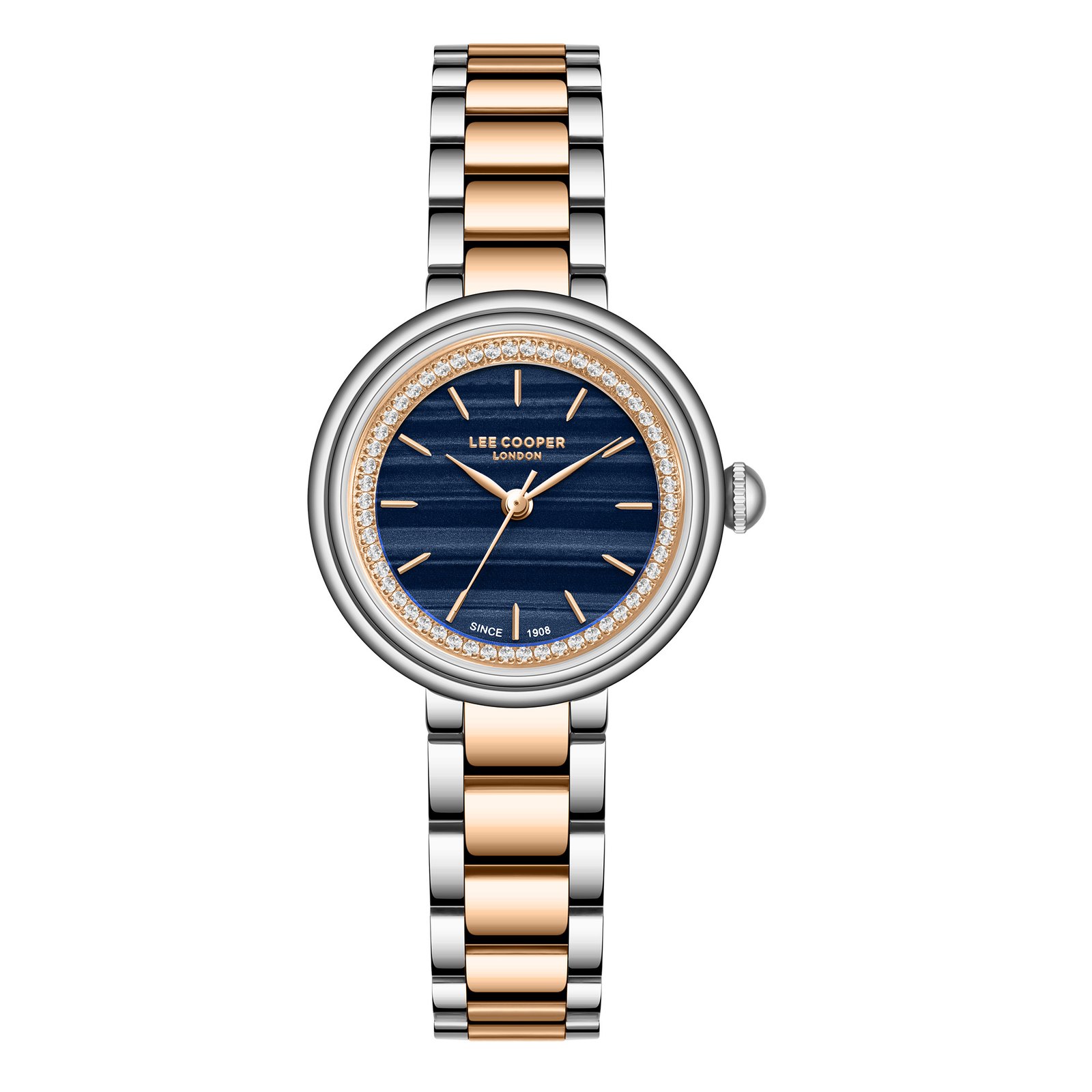 Lee Cooper Ladies 3H Fn Silver Case Silver/Rose Gold Metal Band Dark Blue MALAKYT Dial
