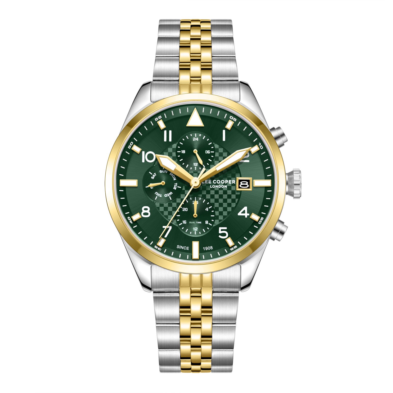 Lee Cooper Gents Multifunction Silver/Gold Case Silver/Gold Metal Band Dark Green Dial