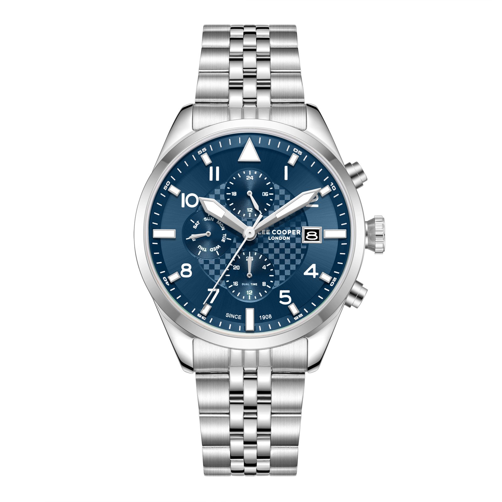 Lee Cooper Gents Multifunction Silver Case Silver Metal Band Dark Blue Dial