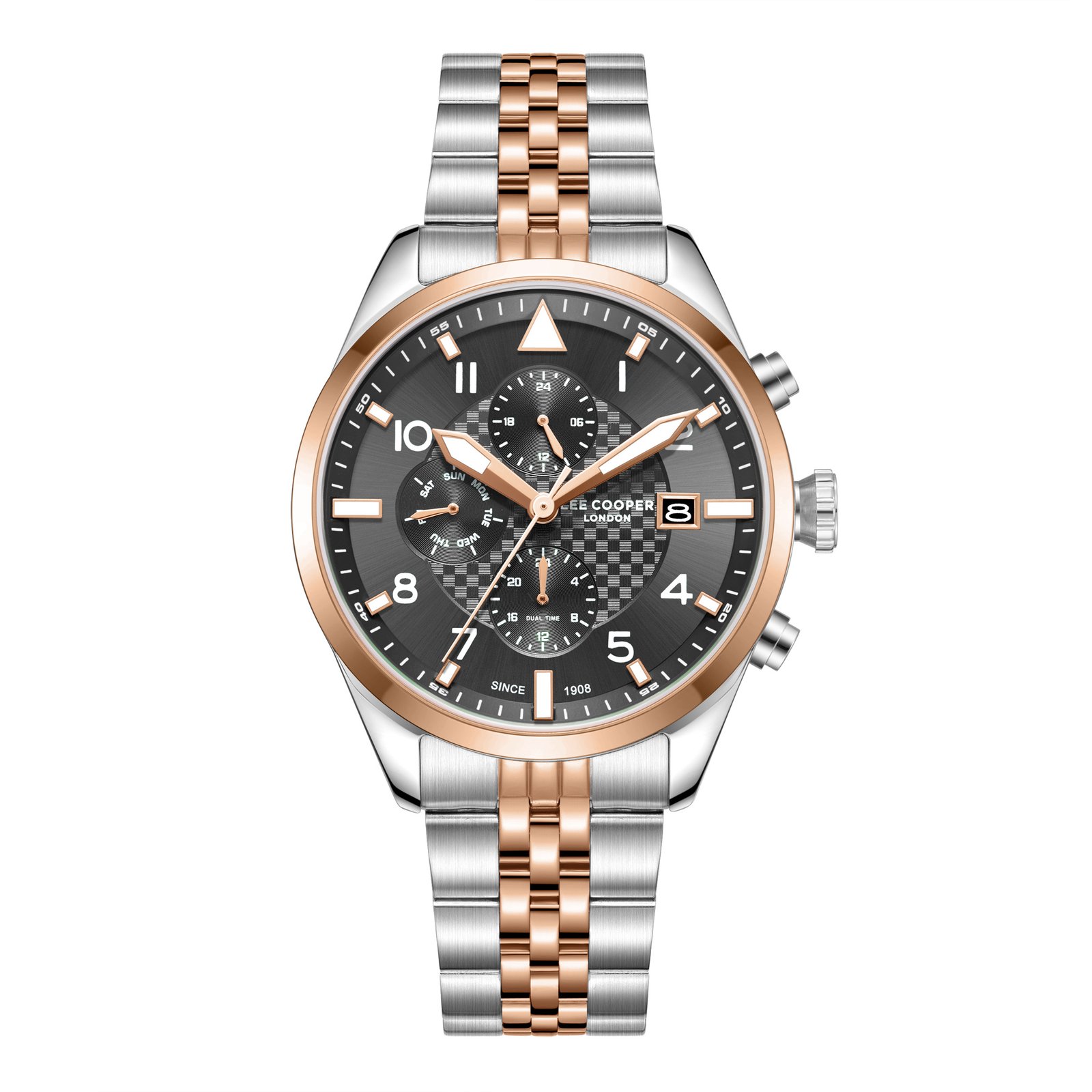 Lee Cooper Gents Multifunction Silver/Rose Gold Case Silver/Rose Gold Metal Band GUN Dial