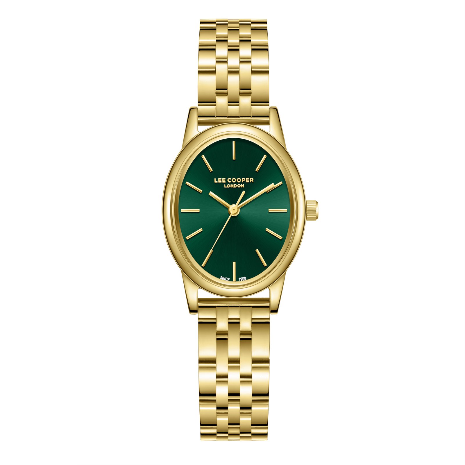 Lee Cooper Ladies 3H Fn Gold Case Gold Metal Band Dark Green Dial