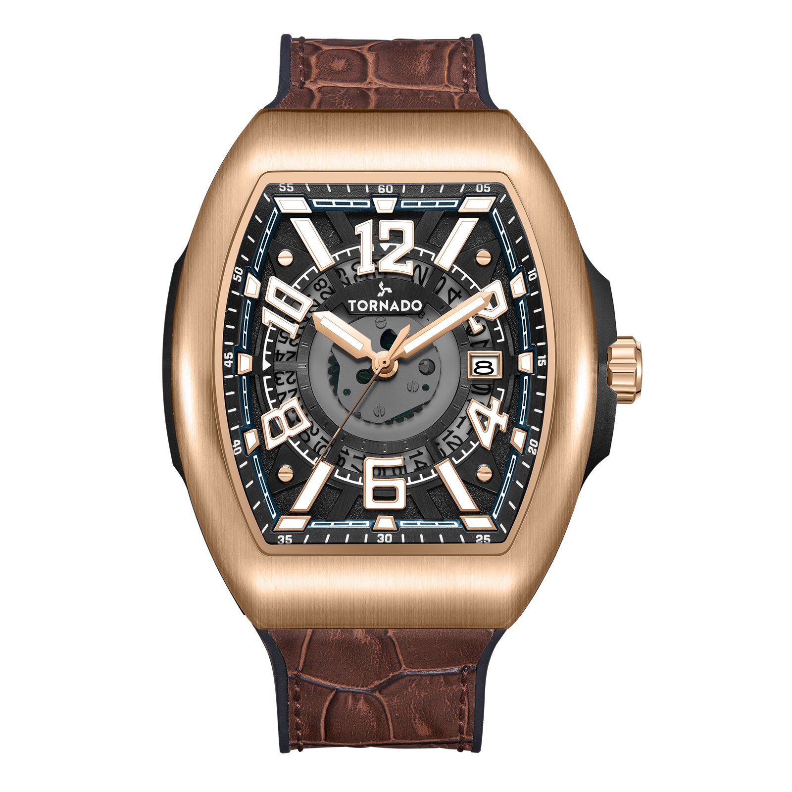 Tornado Gents Analog Fn Rose Gold Case Brown Leather Strap Black Dial