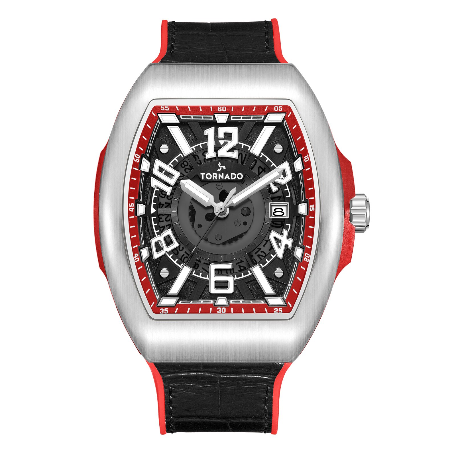 Tornado Gents Analog Fn Silver Case Black Leather Strap Black Dial Red Highlights
