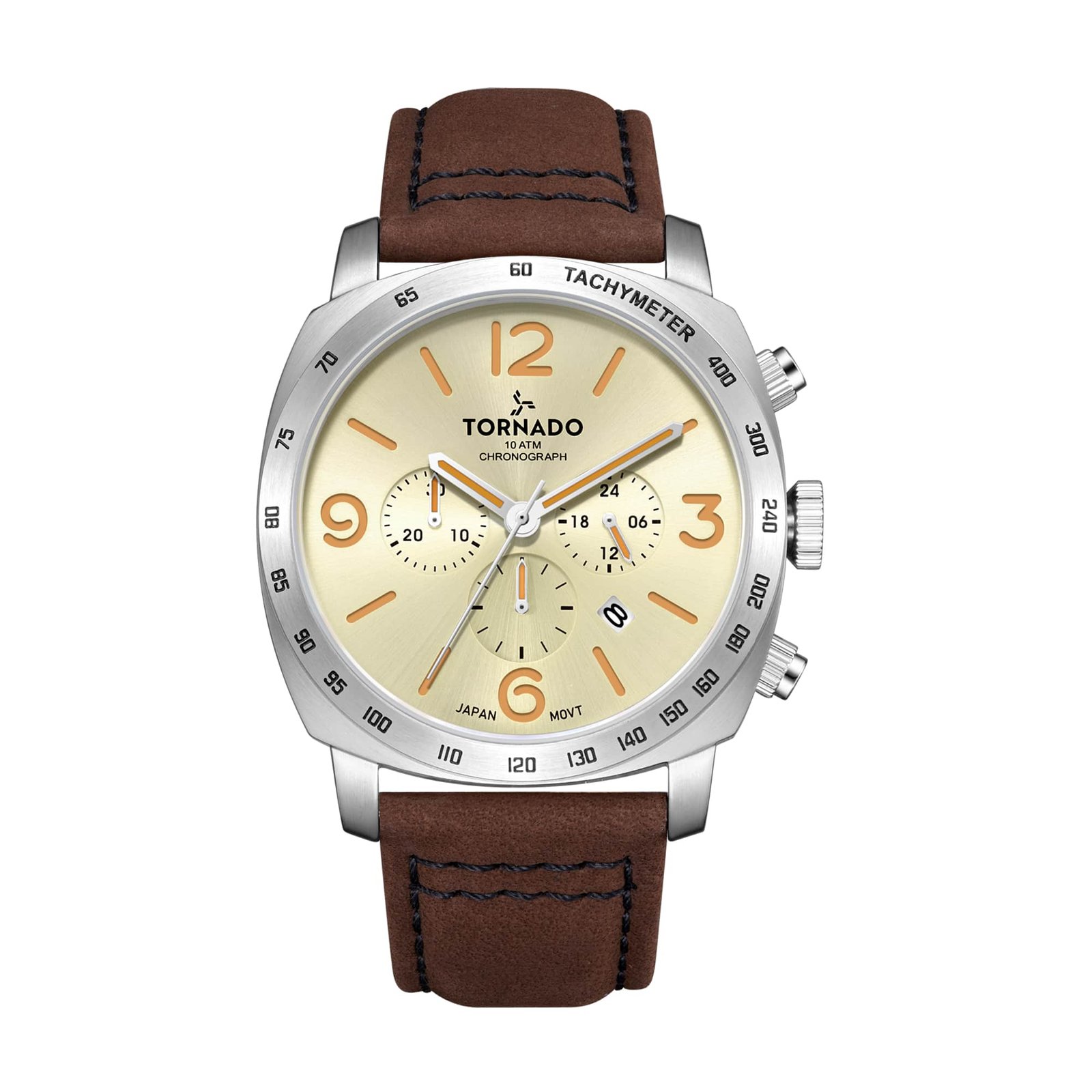 Tornado Gents Chronograph Fn Silver Case D.Brown Leather Band Ivory Dial